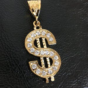 70’s Style Pimp Rapper  CZ Diamonds Gold Dollar Sign Necklace NOS NWOT